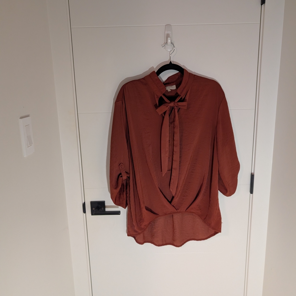 Cream Burgundy Satin Bow High Low Blouse